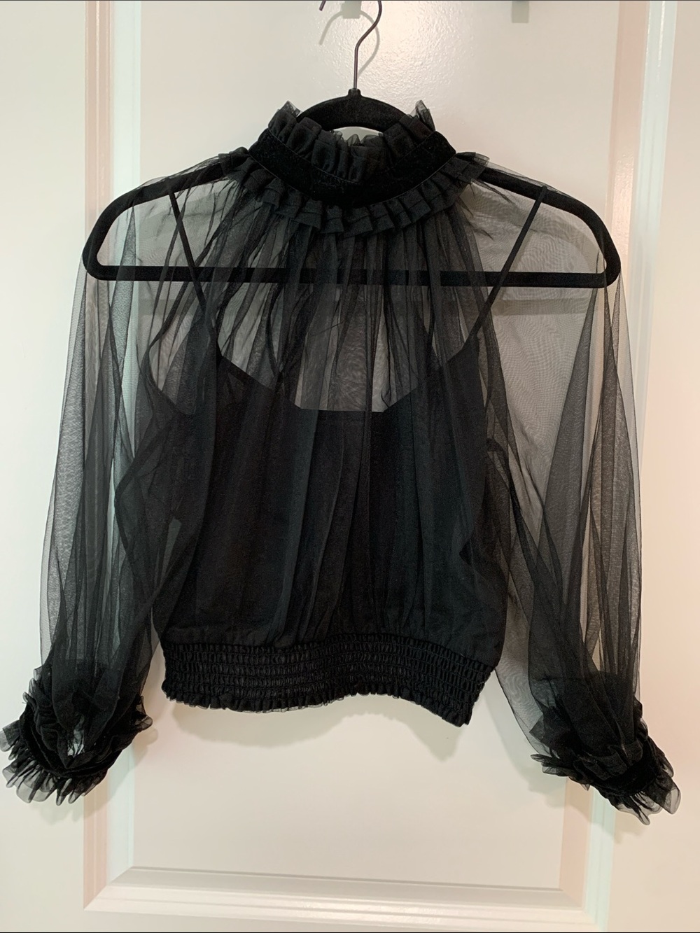 Alice + Olivia Black "Alexia" Sheer Tulle Mock-Neck Crop Top